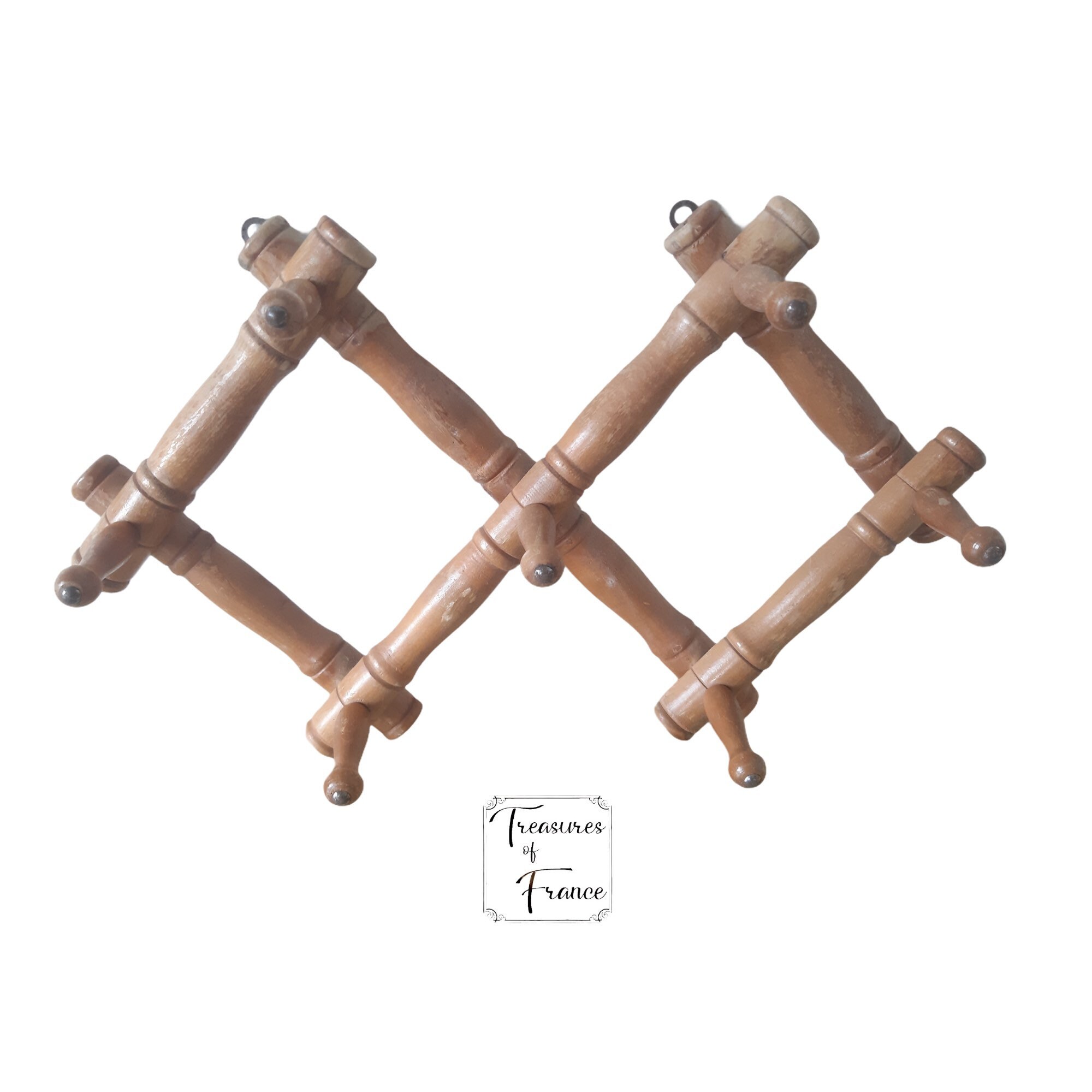 Vintage Wooden Faux Bamboo Folding Hanger Foldable Wall Retro Coat Towel Rack Rustic Clothes Décor C