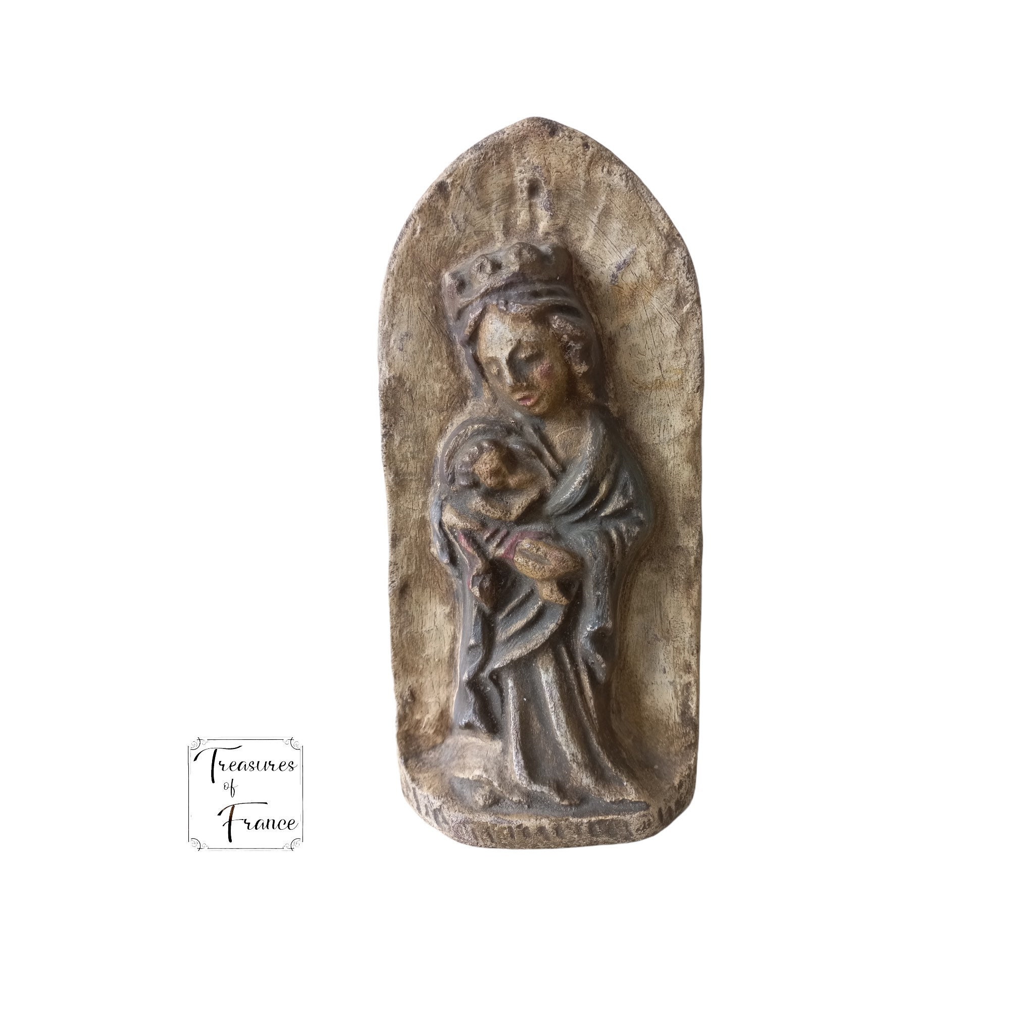 Vintage Vierge Marie et Enfant Jésus Bas Relief Pierre Reconstituée Figurine Religieuse Art Populair