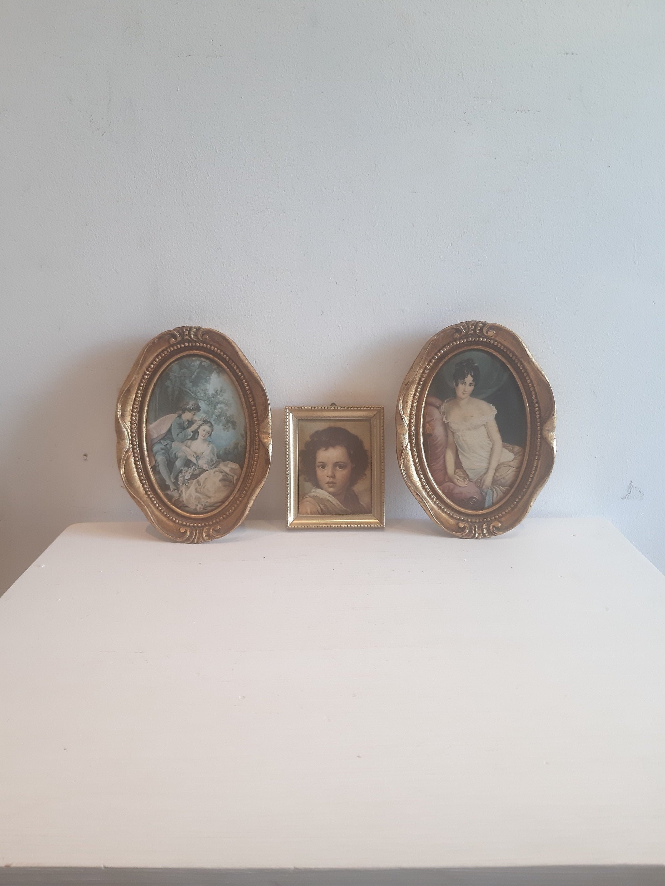 Vintage 3 Framed Silk Prints Reproductions Of Famous Paintings Gilded Frames Shabby Chic Boudoir Sty