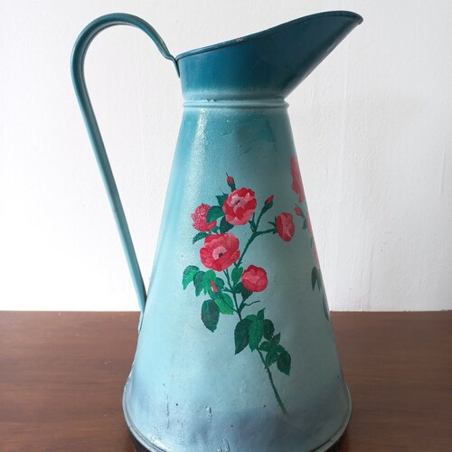 Vintage Large Broc French Zinc Painted Blue Floral shops Decoration Signed Jug French Décor Farmhouse Kitchen Garden Decor Planter Circa 1970’s
