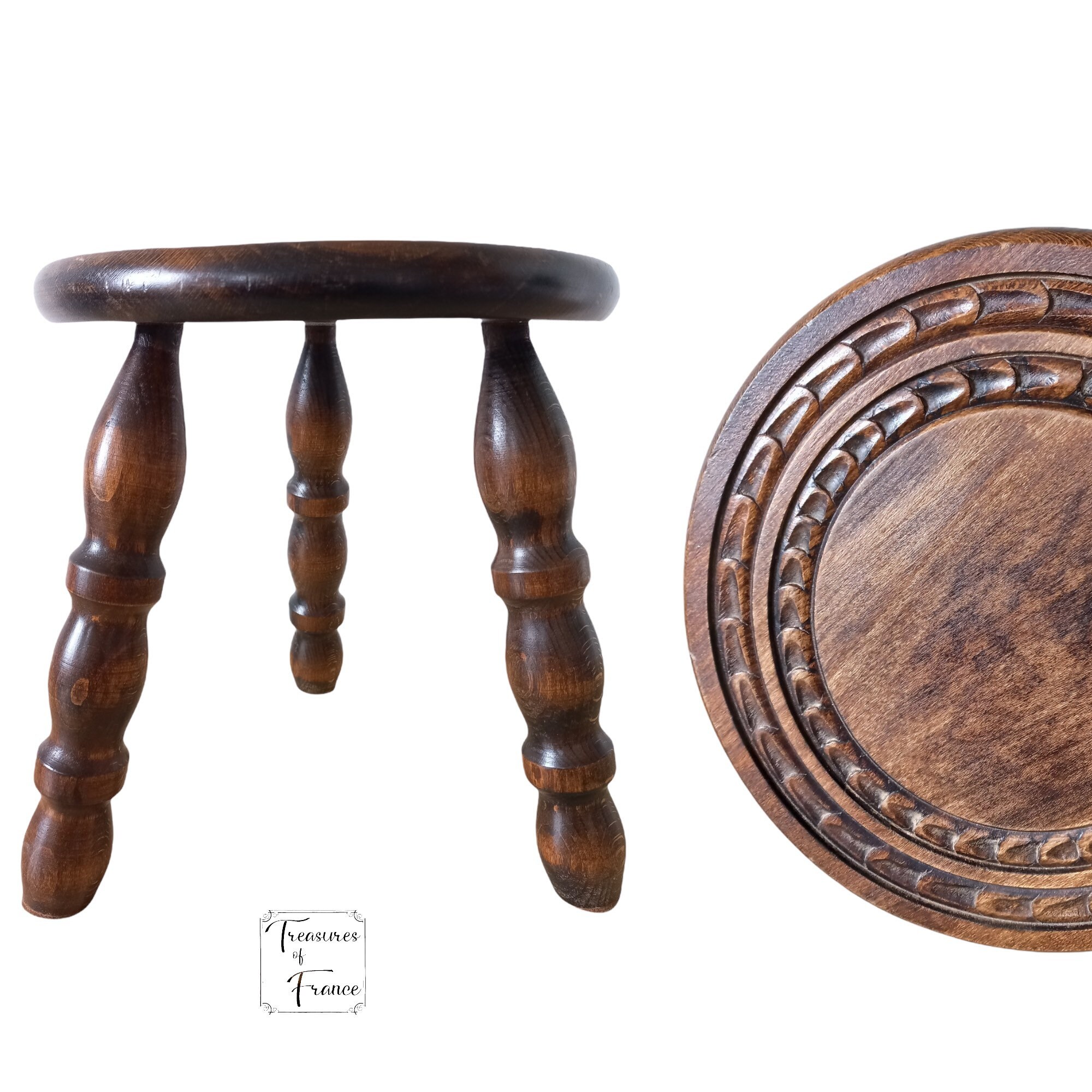 Vintage Français Tabouret en Bois Marron Bois Naturel Moyen de Traite Style Stand Présentoir Repos P