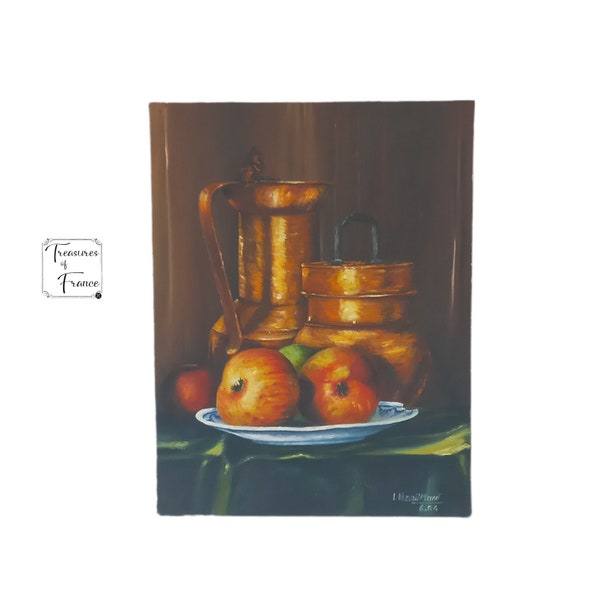 Still Life French Oil Painting Art on Canvas Copper Pots Apple  Scenery Signed Unframed French Painter Home Decor Props Circa1984’s