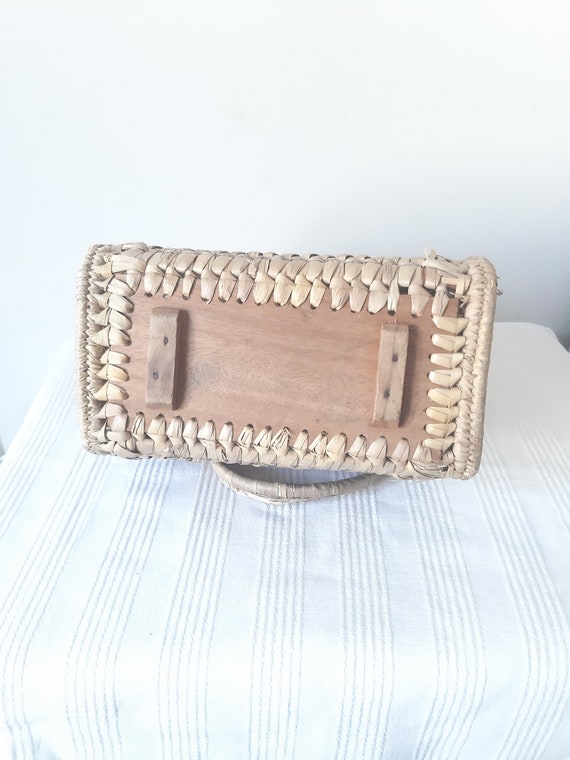 Vintage Wooden and Raffia Basket Style Hand Bag U… - image 5