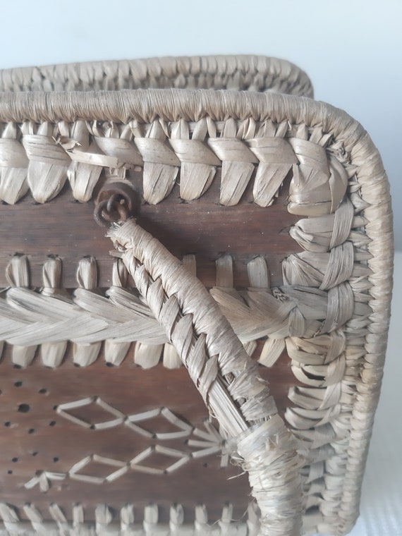 Vintage Wooden and Raffia Basket Style Hand Bag U… - image 7
