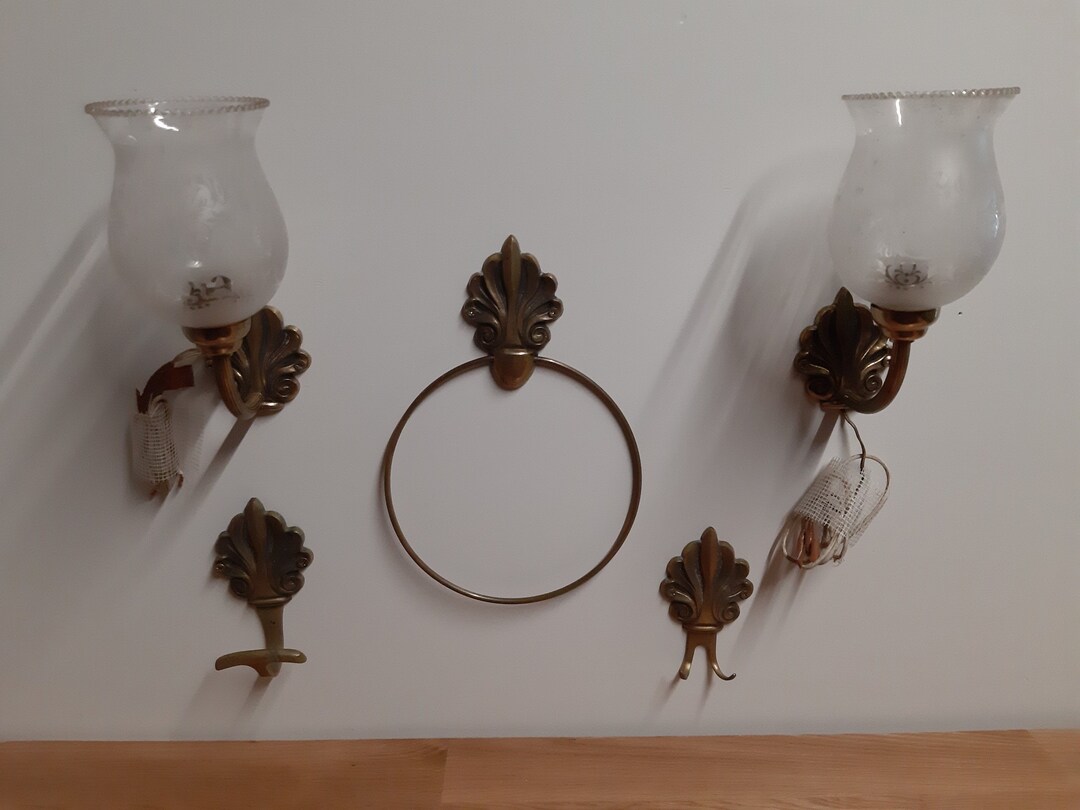 Vintage French Bronze / Brass Bathroom Set 2 Wall Lights With Glass