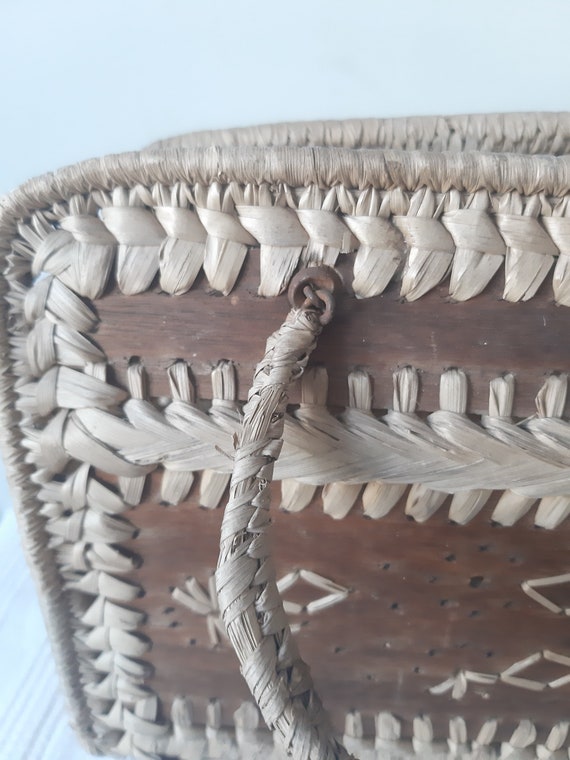Vintage Wooden and Raffia Basket Style Hand Bag U… - image 6