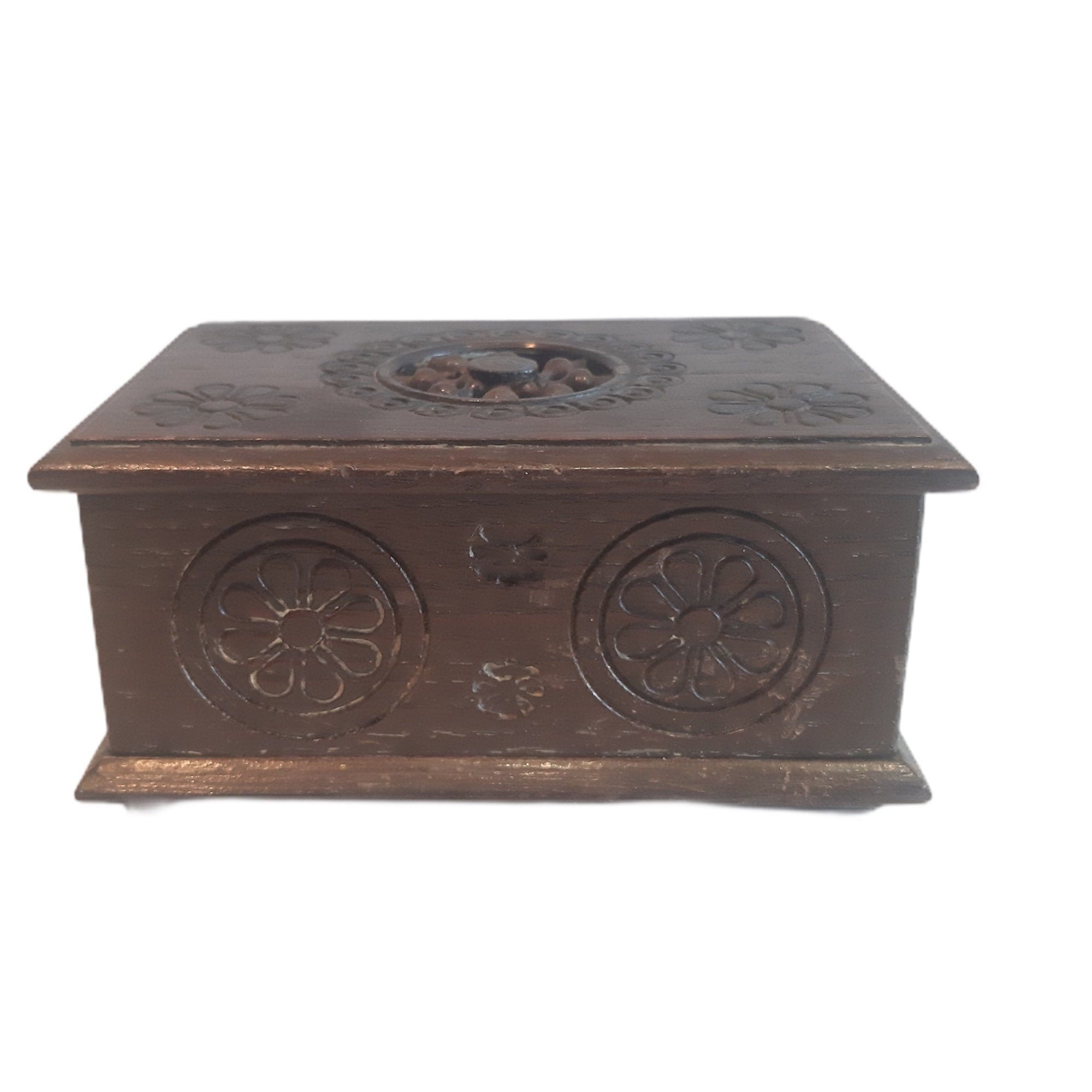 Vintage Brittany Wooden Box Folk Art Breton Storage Bijoux Trinket Matches Gift Farmhouse Decor Circ