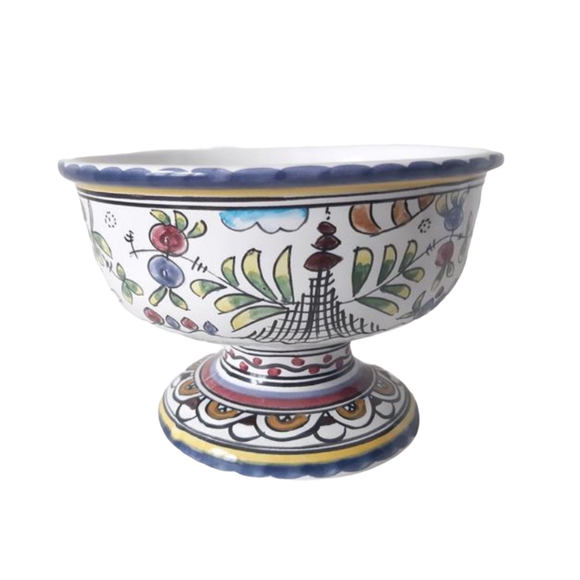 Vintage Céramique Portugaise Compote Footed Bowl avec Bords Cannelés Bol de Fruits Servant Un Plat J