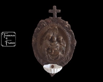 Antique Religious French Catholic Carved Plaster and Wood Holy Water Blessing Scalloped Bowl Virgin Mary Baby Jesus Artifact Circa 1920&#39;s