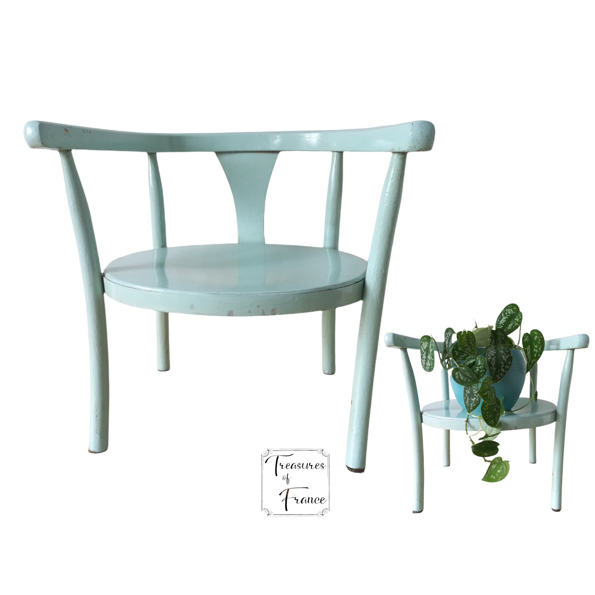 Vintage Français Chaise en Bois Courbé Siège d'enfant Salle de Jeux Patio Boho Décor Bleu Pâle Chamb