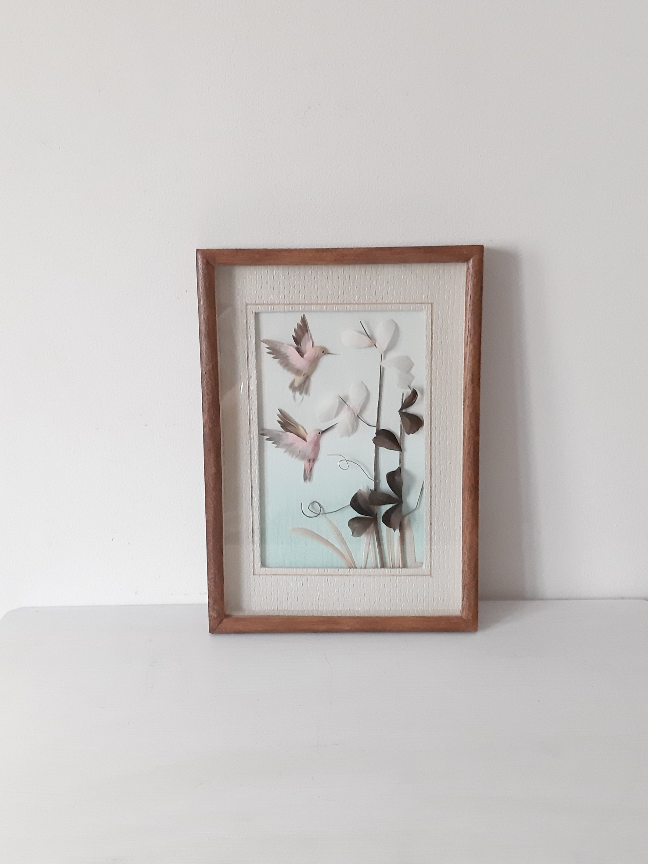 Vintage Encadré Humming Bird Image Frame Antique Feathers Textile Art Vintage Arts & Crafts Wall Han