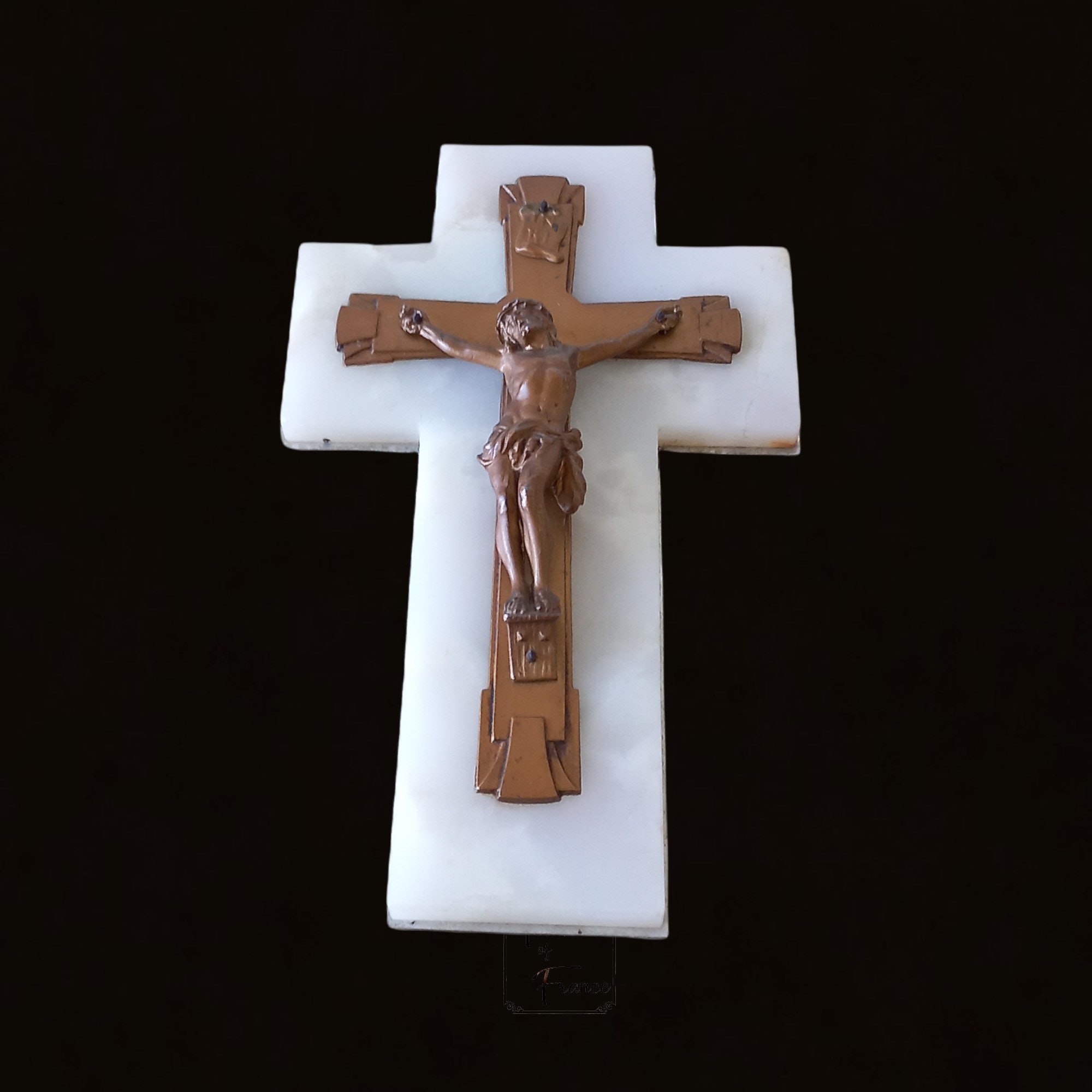 Vintage Albâtre Spelter Crucifix Art Mural Catholique Français Croix Jésus-Christ Chrétien Cadeau d'