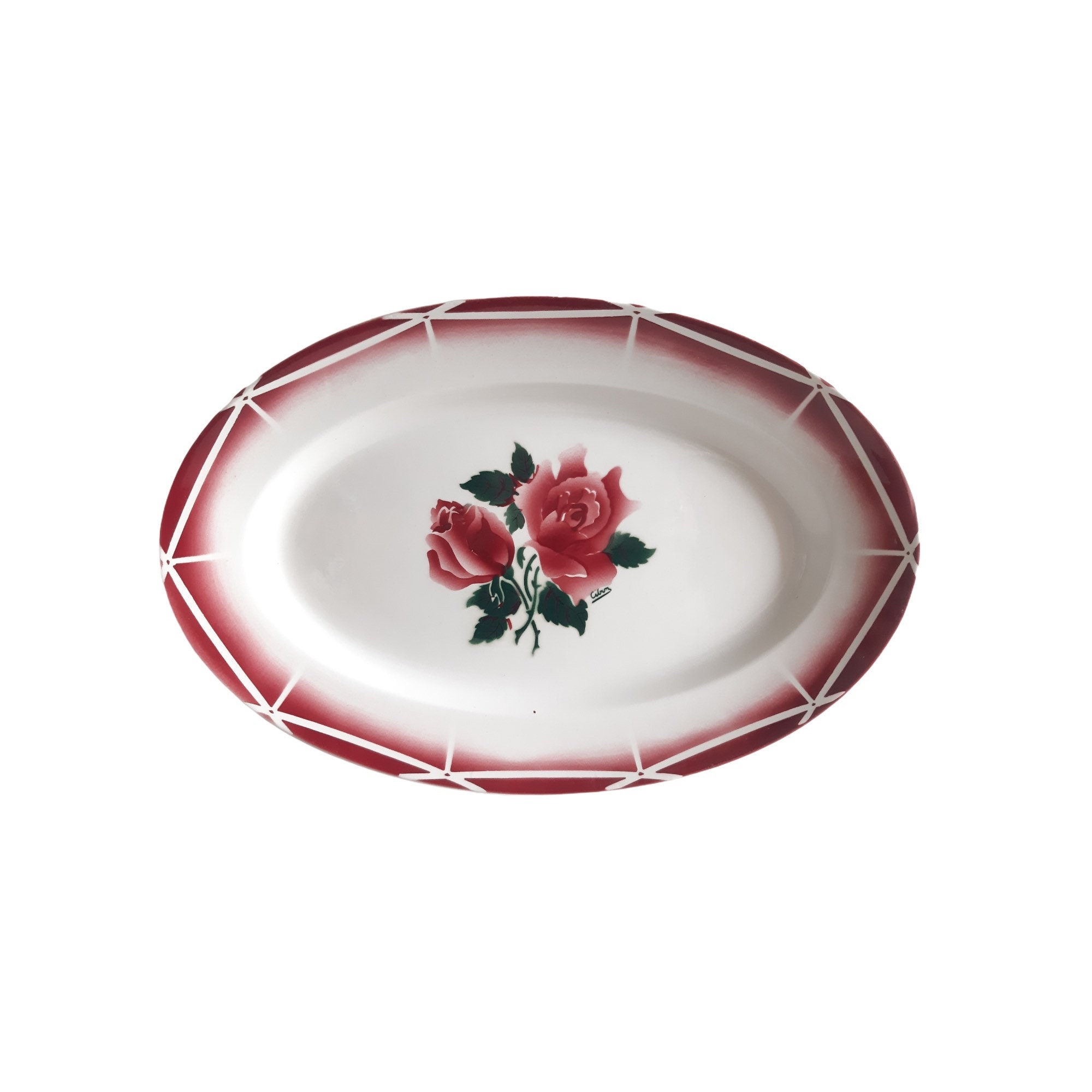 Vintage Français Plaque Ovale en Céramique Servant Dish Digoin Sarreguemines Cibon Design Platter Fl