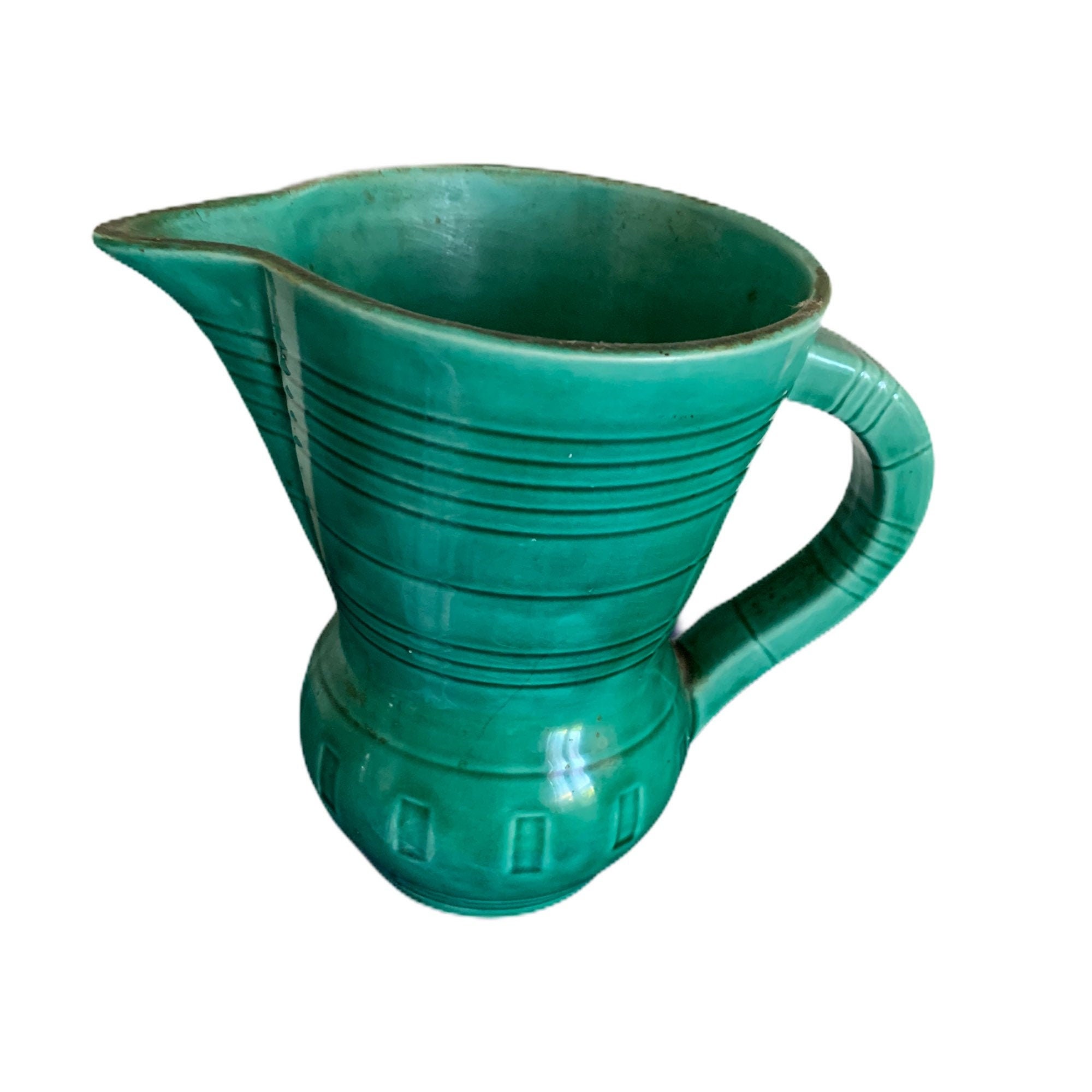 Vintage Digoin Sarreguemines Aqua Green Pitcher Jug Vase Grès avec Poignée Style Art Nouveau Décorat