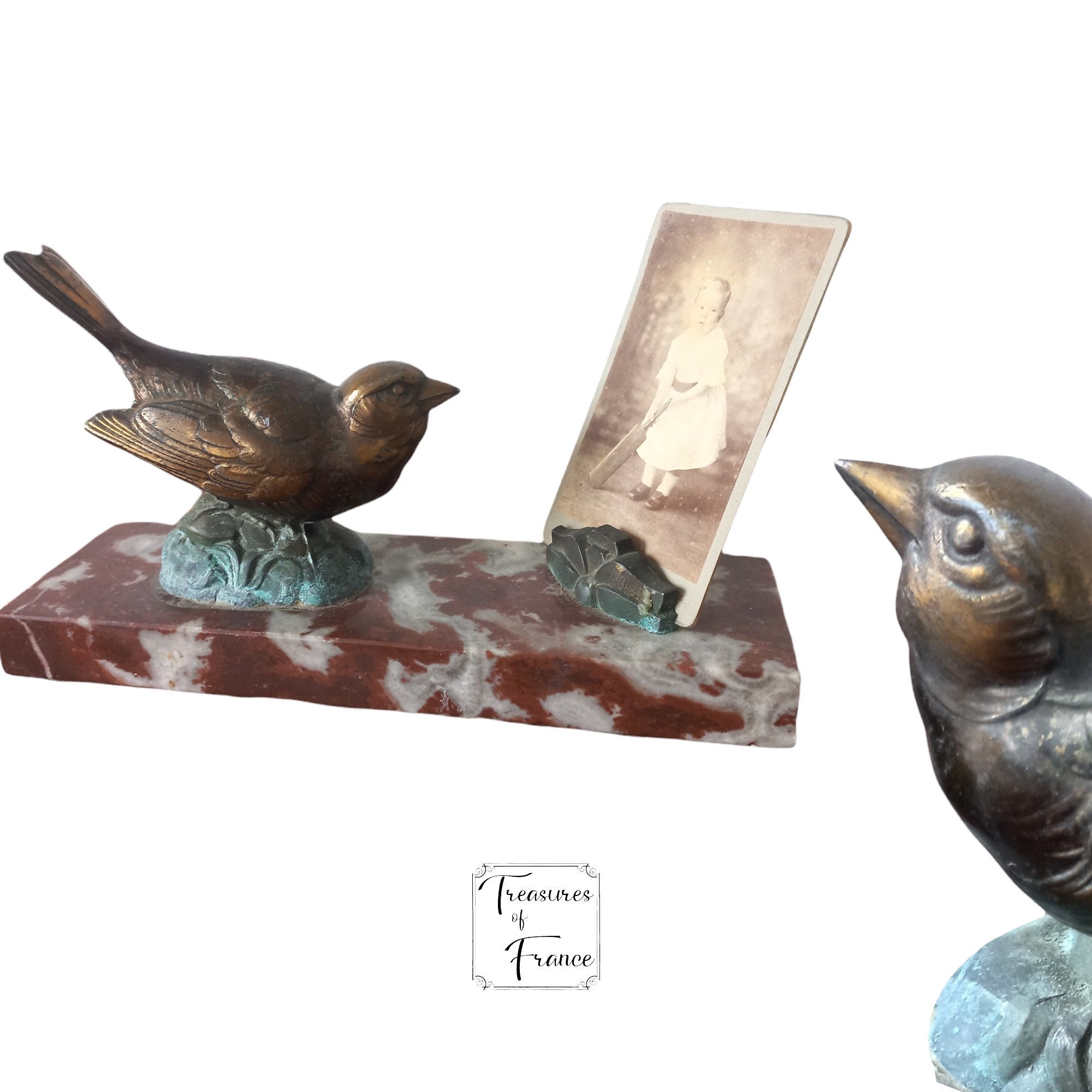 Exposition de Photographies Art Déco Antique Spelter Bird & Picture Holder Marble Base Mantelpiece D