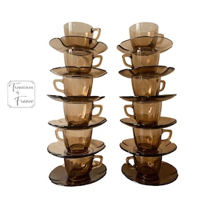 Vintage Set of 6 French DURALEX Smoke  Glass Cups And Saucers  Tasse Café Expresso  Home Retro Decor Kitchenware Circa 1970’s