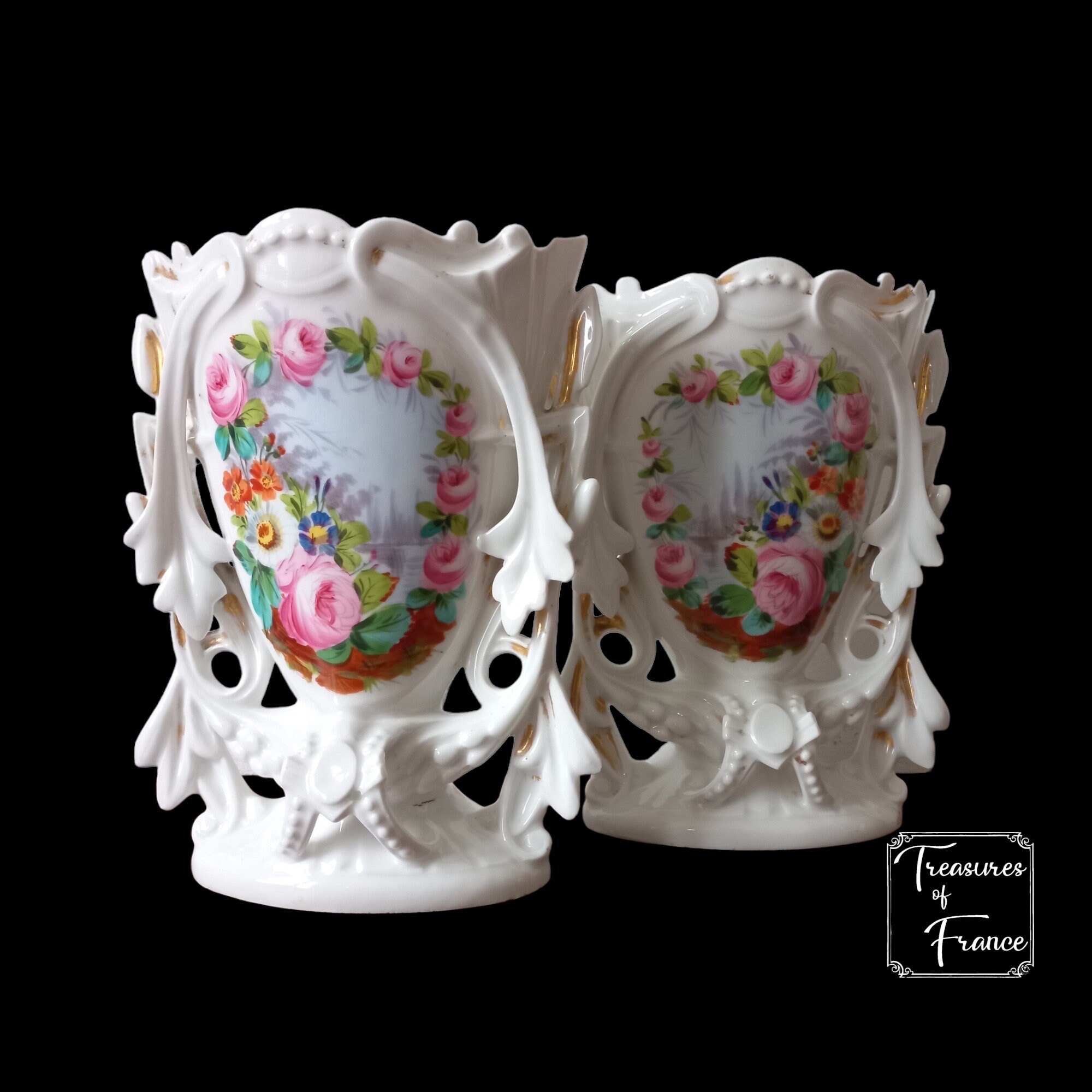 Antique Pair Of Porcelain Bridal Vase Hand Painted Austro Hungarian Christian Fischer Pirkenhammer Vases Floral  Decor Gift  Circa1850’s