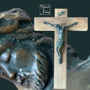 Vintage Small Wooden Crucifix Chiselled Bronze Corpus Christi Catholic Art Speckled  Maple Cross Crucifix Religious Artifact Circa1950’s