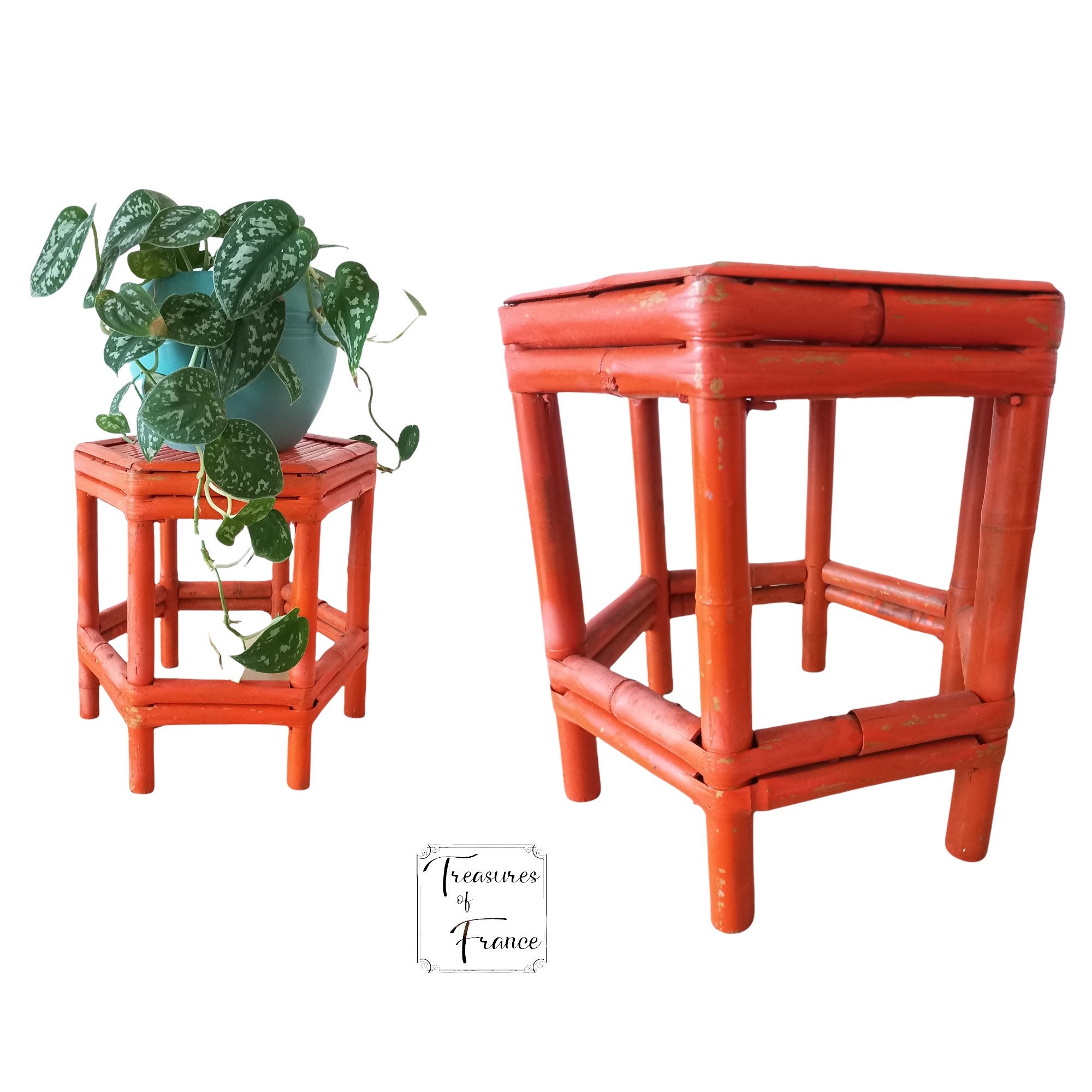 Vintage Asiatique Petit Hexagonal Bambou Stand Peint Orange Table d'appoint Plante Boho Rétro Décor 