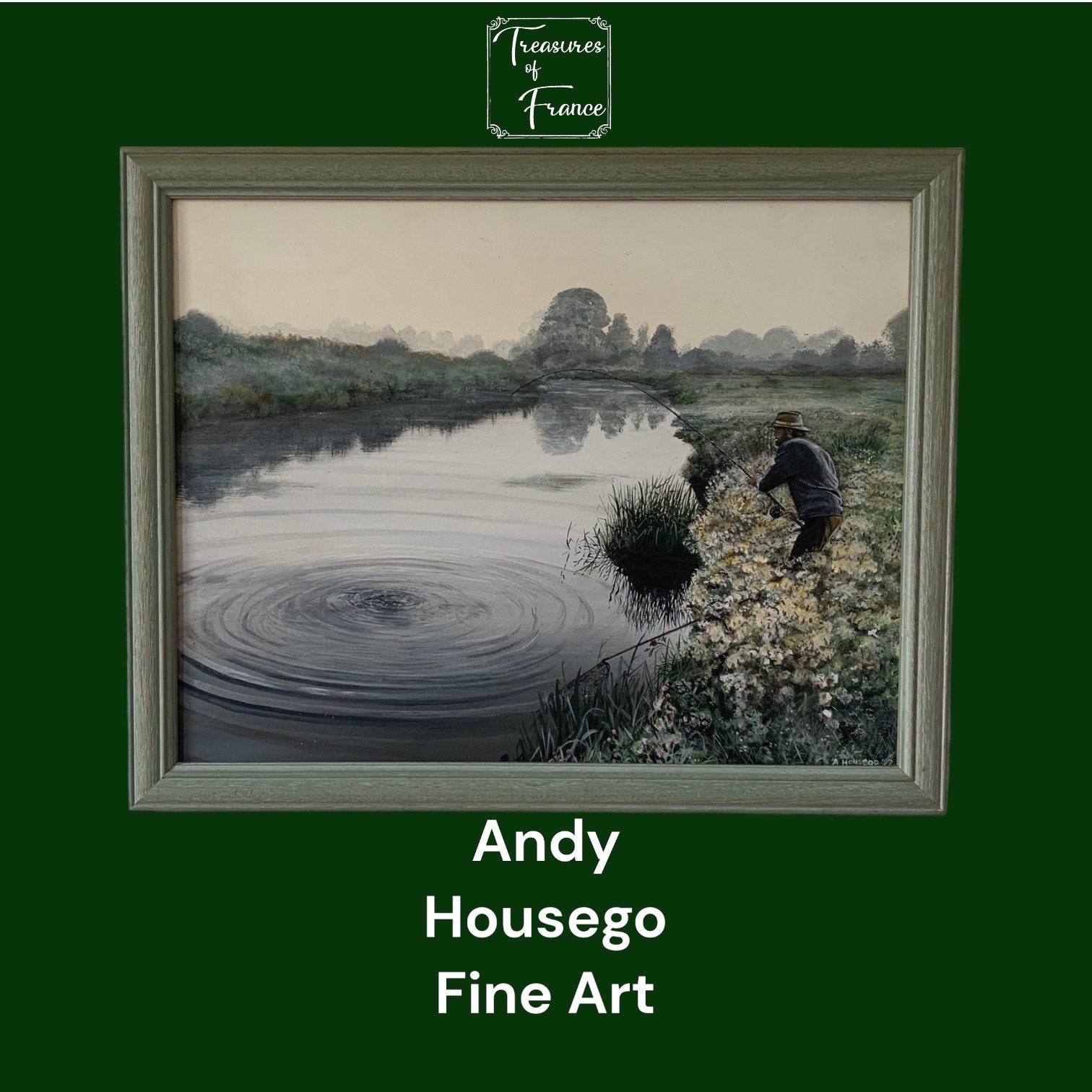Vintage Acrylic Painting Andy Housego Fine Art Fishing Scenery "The Catch" River Board Canvas Framed Collectible Gift Signed Dated 1997 .
