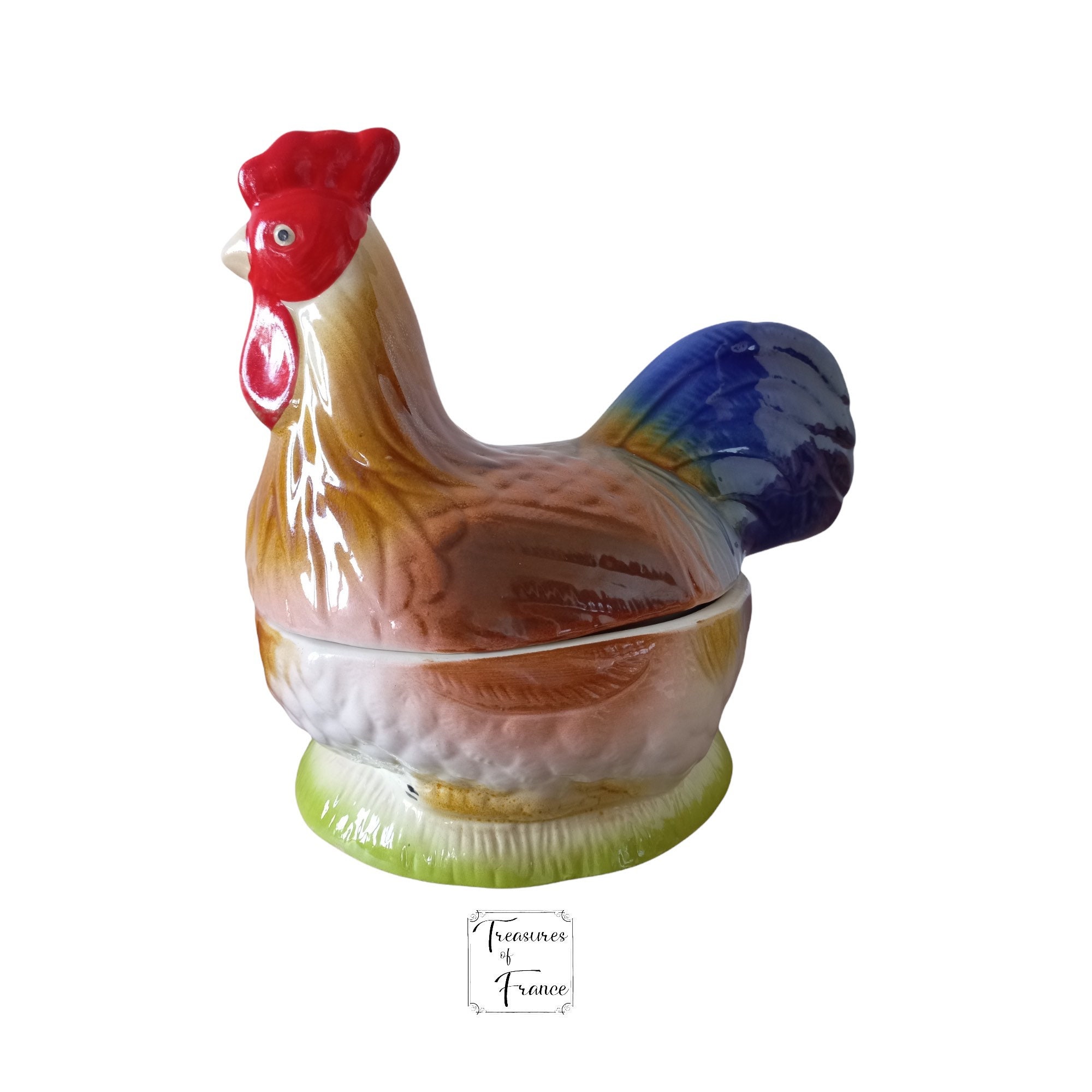 Vintage Majolica Coq Poterie Terrine Tureen Michel Caugant Plat Cuisine Affichage Ornement Centre de