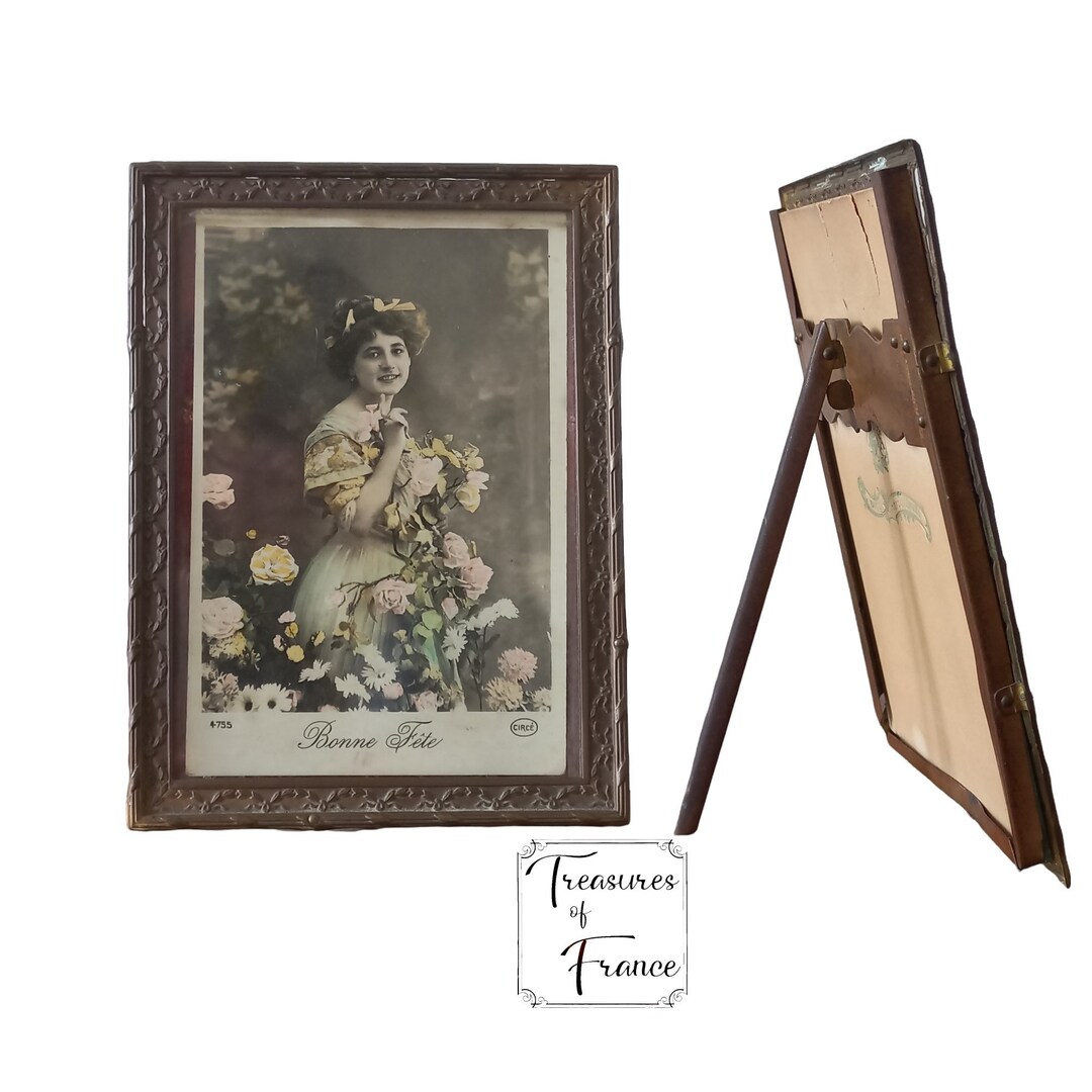 Antique Brass French Picture Frame Standing Photo Holder Embossed Brass