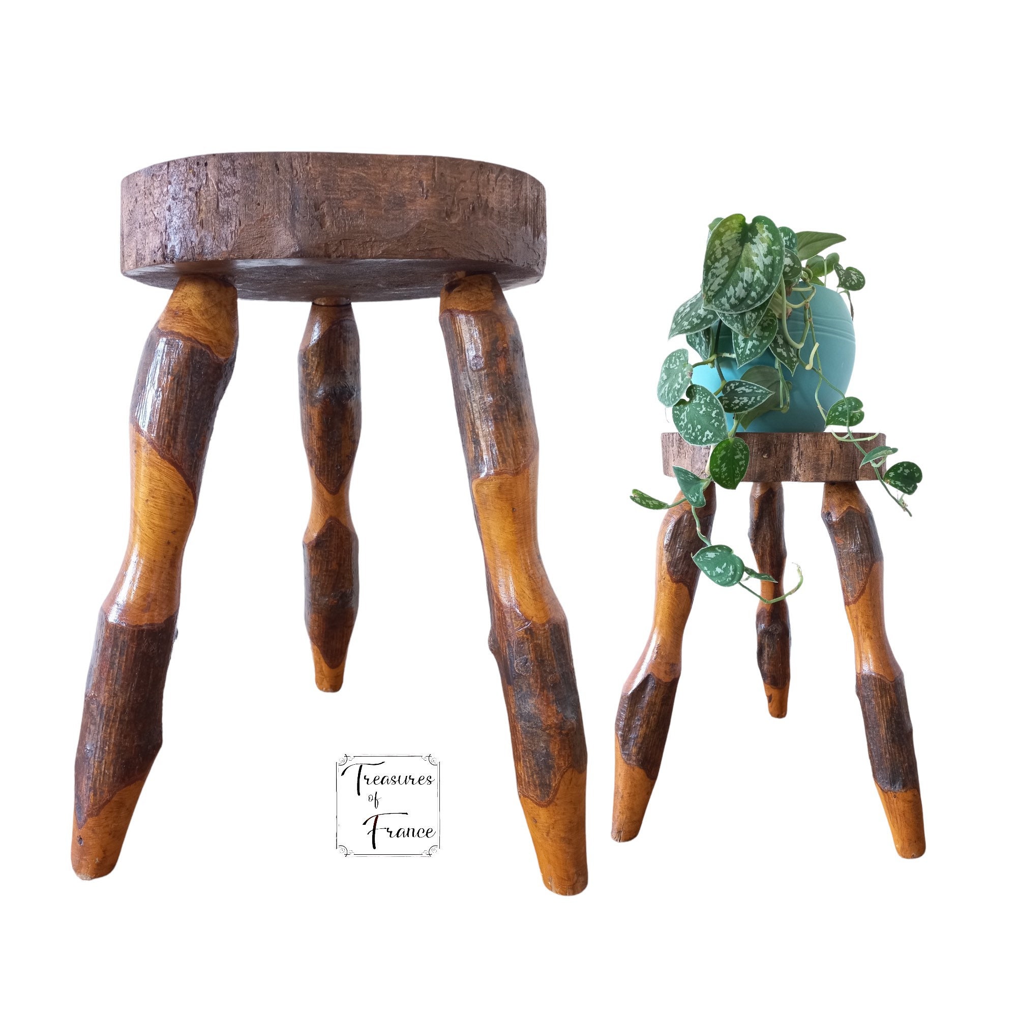Vintage Rare Français Fait à La Main Souche Coupe Transversale Rond Tabouret Petit Tabouret de Trait