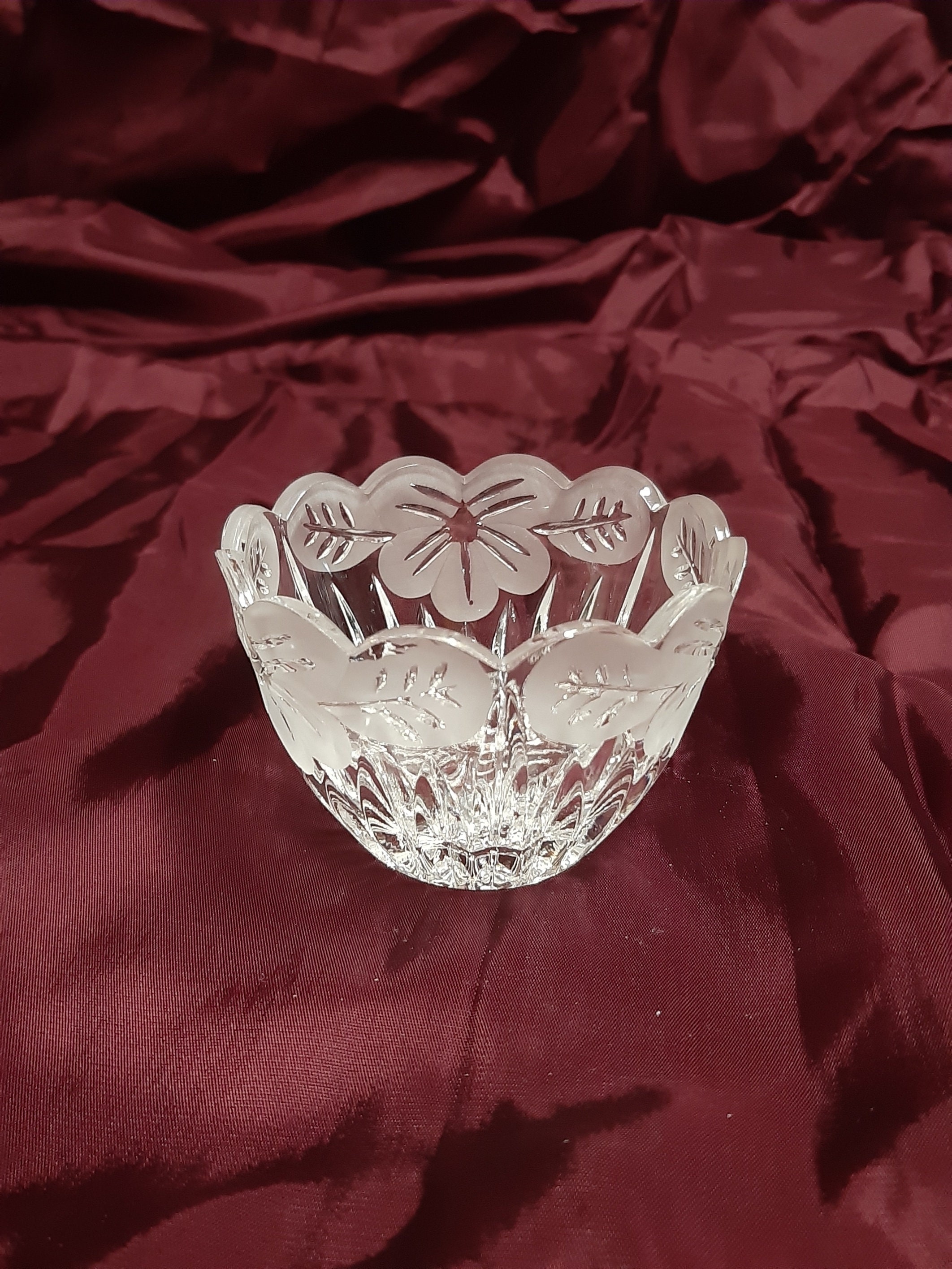 Vintage Cut Glass Andched Bowl With Flower Design Little Trinket Display Ornament Collectible Circa 