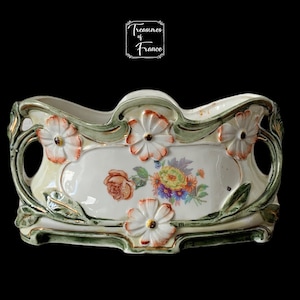 Vintage Used Small Majolica Decorative Planter Barbotine Plant Holder Jardinière Glazed Earthenware Transferware Art Nouveau Style Circa1950