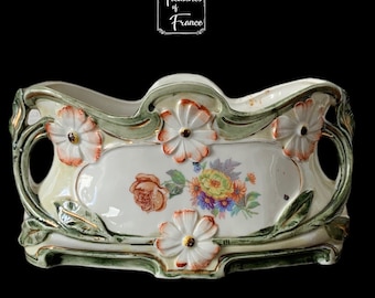 Vintage Used Small Majolica Decorative Planter Barbotine Plant Holder Jardinière Glazed Earthenware Transferware Art Nouveau Style Circa1950