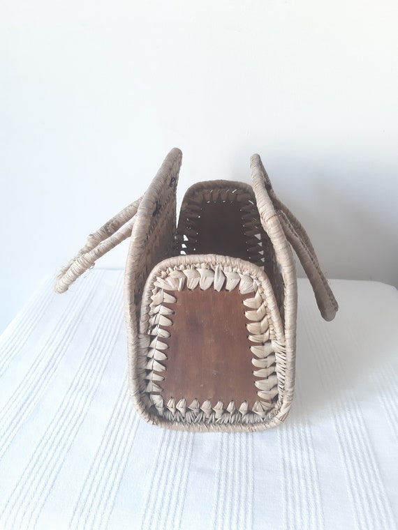 Vintage Wooden and Raffia Basket Style Hand Bag U… - image 2