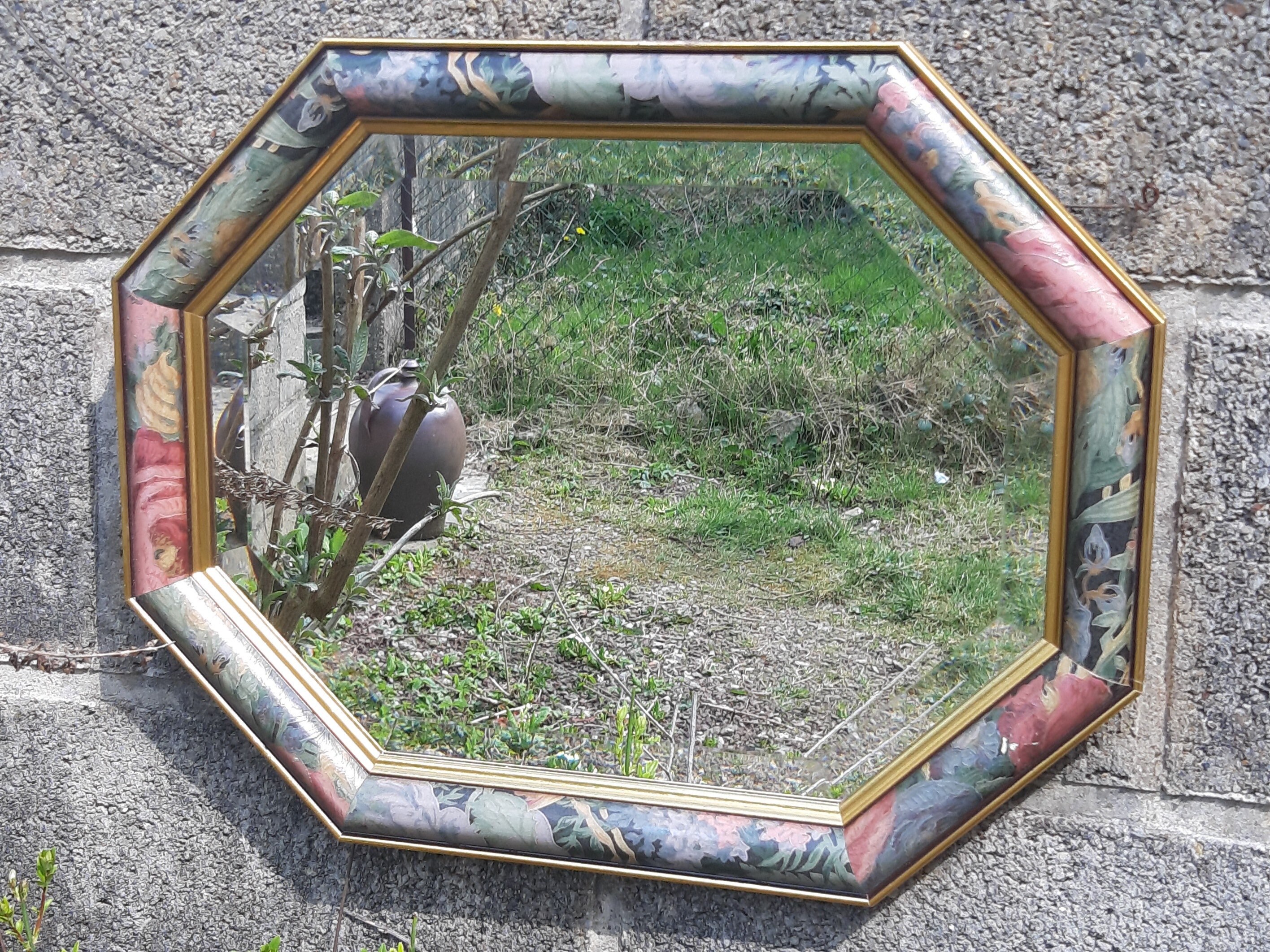 Vintage Bevelled Mirror Octogonal Shape Wooden Printed Floral Pattern Blue Red Green & Golden Edging