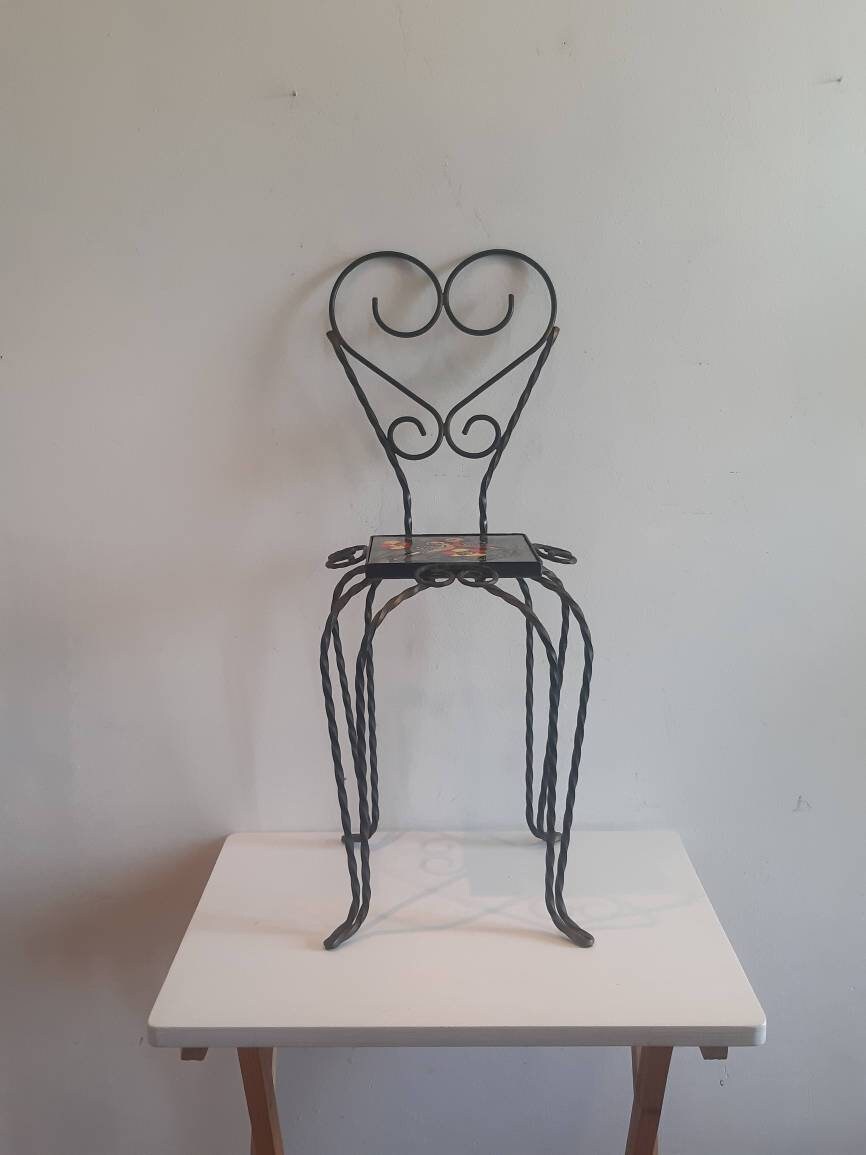 Vintage Français Chaise en Fer Forgé avec Siège Carrelé Signé Vallauris A Leduc Patio Chair Plant St