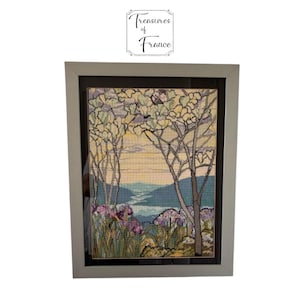 Vintage Cross stitch Tapestry Finished Cross Stitch Wall Decor Magnolias and Irises After Louis C Tiffany Cottage Decor Framed Circa 1999’