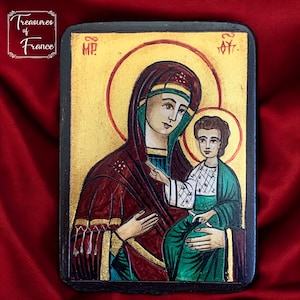 Vintage Religious  Handpainted Virgin Mary Jesus Christ Child Holy Icon Byzantine On Wood Orthodox Icon Christianity Circa 1990’s