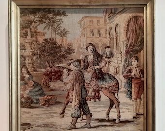 Vintage French Framed Tapestry Fabric 18th Century Spanish Scene Wall Hanging Handmade Wall Decor Wooden Framed Circa 1960&#39;s