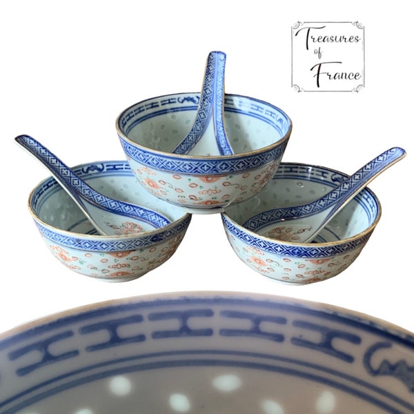 Vintage Chinese Dishes Blue Rice Pattern Etsy