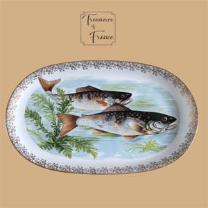 Bandeja ovalada vintage de tamaño mediano para servir pescado, centro de mesa para banquetes, plato de porcelana francesa para servir salmón y trucha, circa 1970.