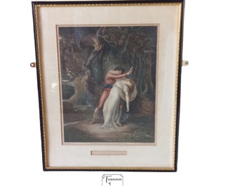 Puede incluir: Una impresión enmarcada de una pintura que representa a un hombre y una mujer en una pose dramática. El hombre sostiene a la mujer en sus brazos, y ella parece desmayarse. La pintura está ambientada en un área boscosa oscura, y el fondo es un mar tormentoso.