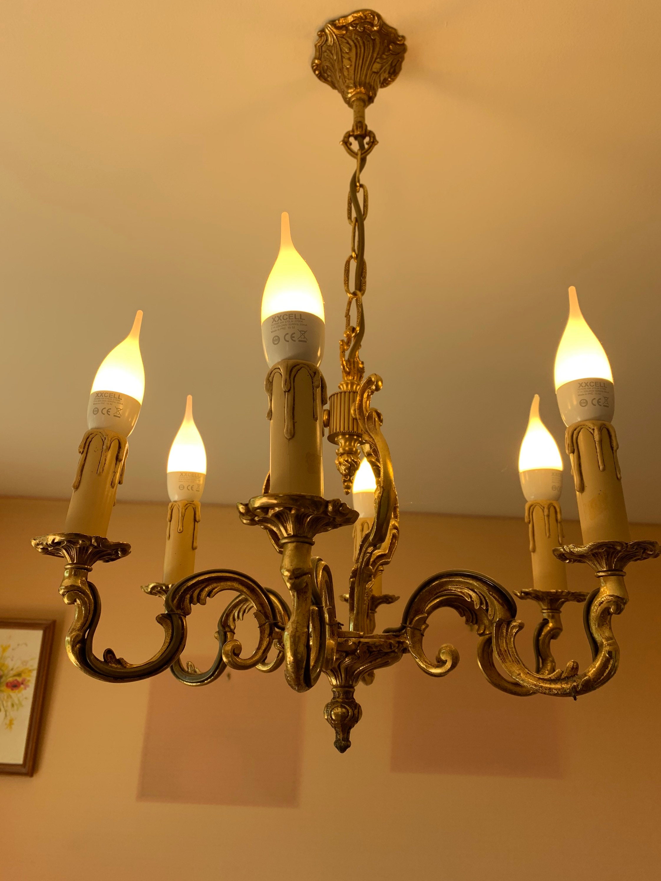 Vintage Français Chandelier Bronze With 6 Arms Stylish Opulent Véritable Patina Elegant Classic Shab