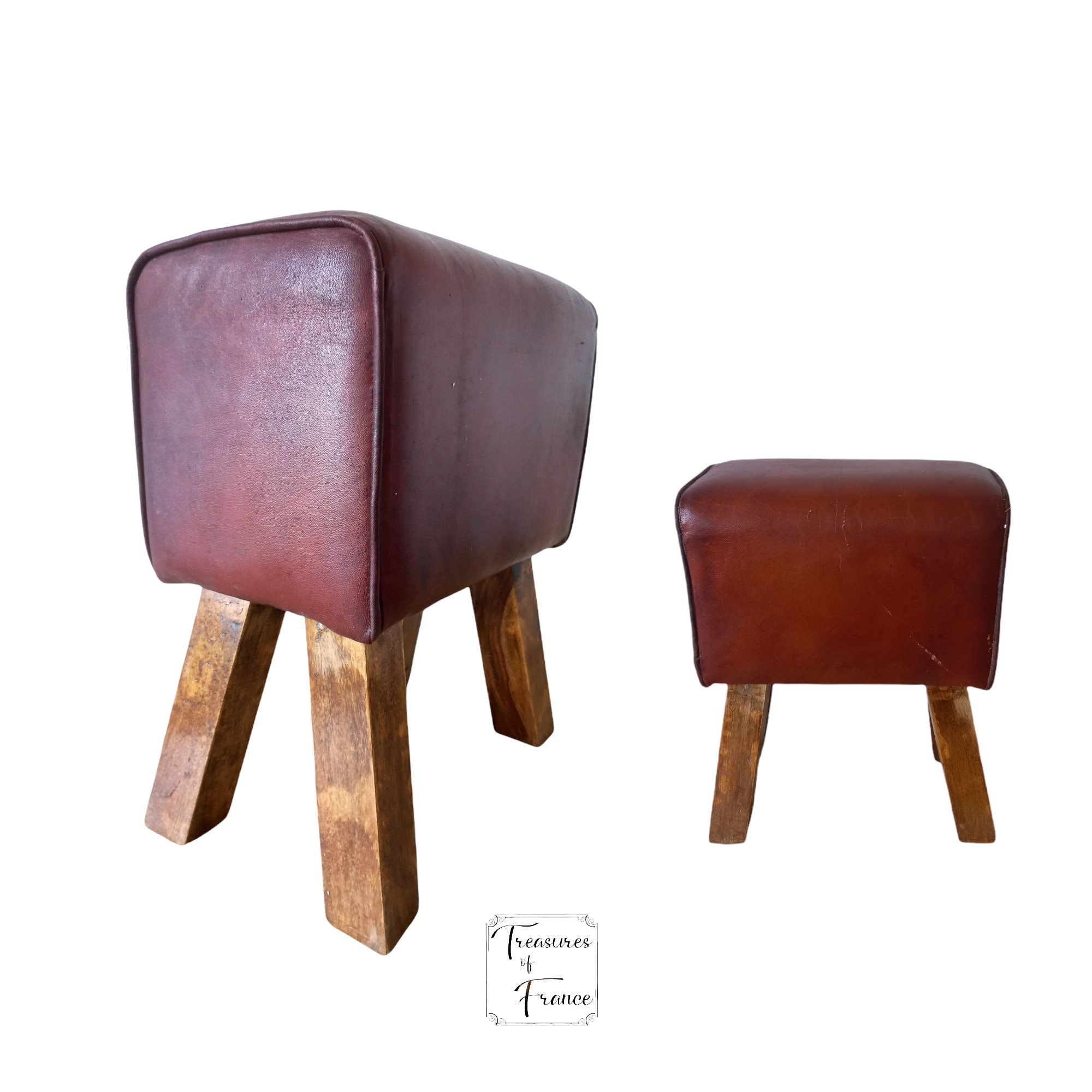 Vintage Petit Vaulting Horse Tabouret Peau de Chèvre Cuir et Bois Étude Occasionnelle Siège Loft Déc