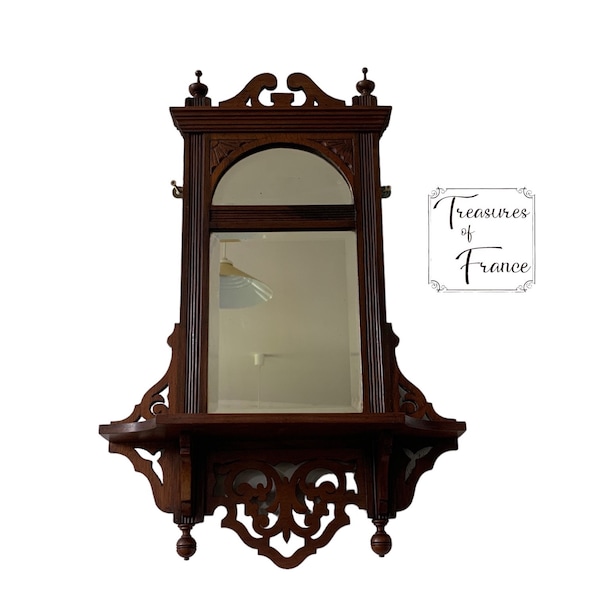 Vintage Small Hall Mirror Unit Wallhanging Bevelled Mirror Shelf Unit Fretwork Mahogany Mirror Ornament Landing Mirror  Display circa1950’