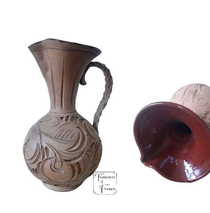 Vintage Grand Français Rustique Cruche en Terre Cuite avec Poignée Gravé Décor Vitré Intérieur Cuisi