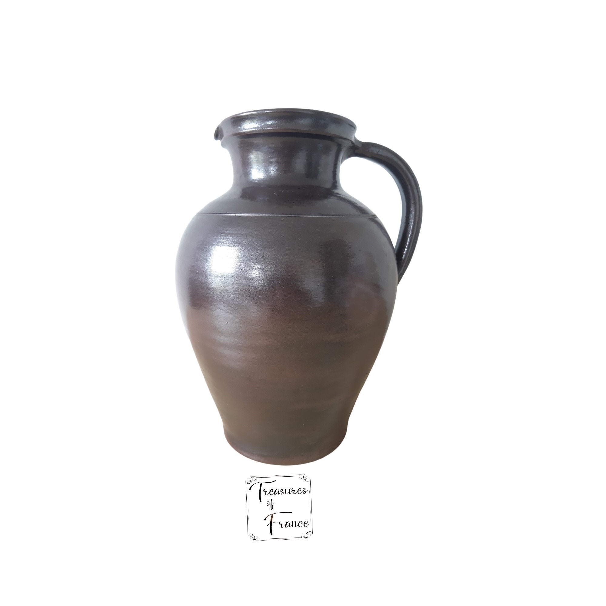 Vintage Grand Français Rustique Pitcher Jug Vase Clay Stoneware With Handle Display Home Decor Kitch