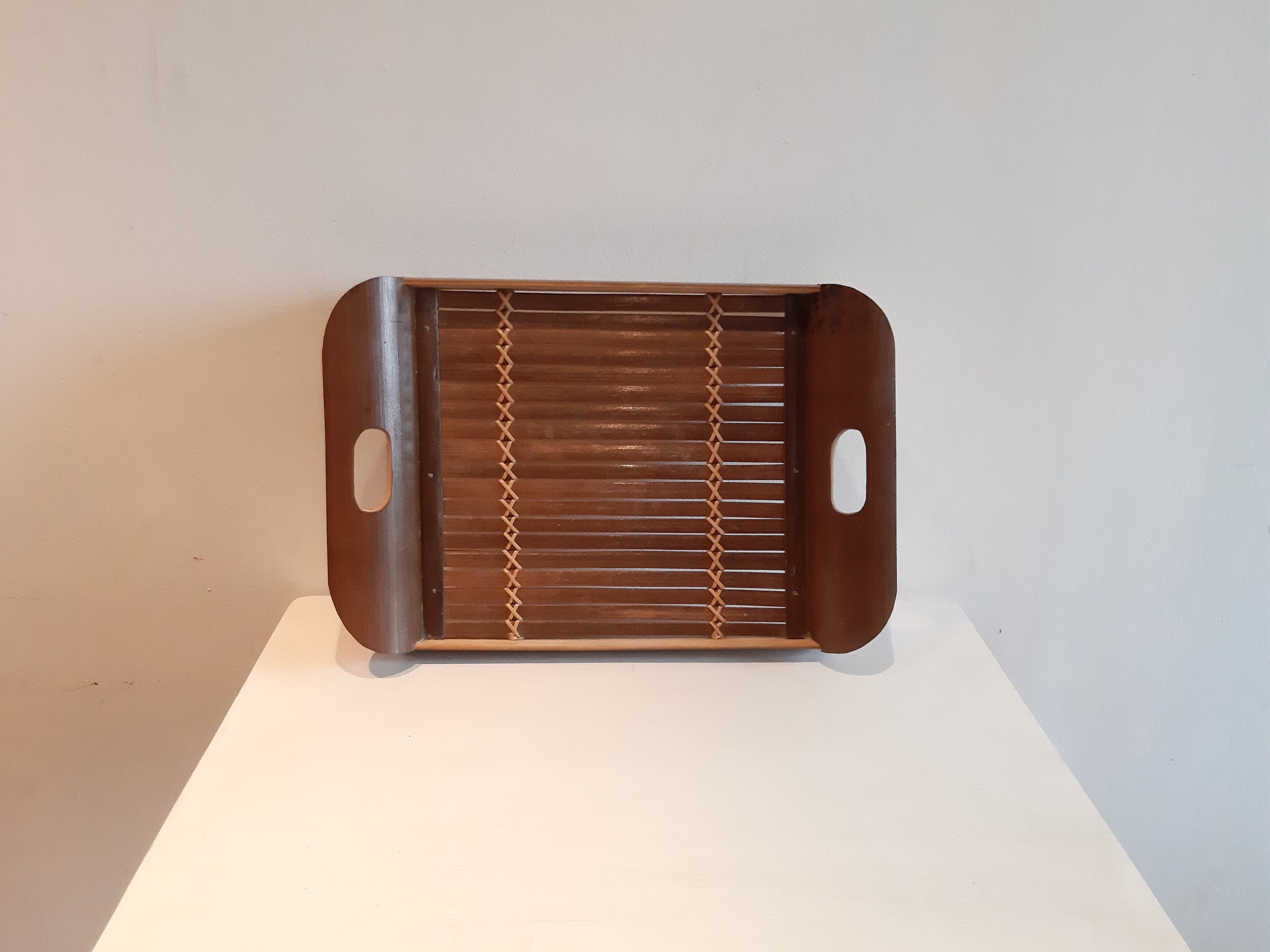 Vintage Bamboo & Wicker Serving Tray Colonial Style Home Decor Slatted Tea/Breakfast Boho Circa 1990