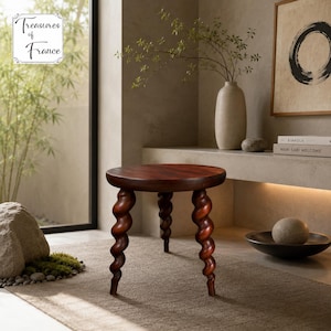 Vintage Stool Cork Screw Spiral 3 Legged Round French Wooden Stool Seat Elegant Modernist Wood Furniture Plant Stand Rest Plinth Circa1990’s