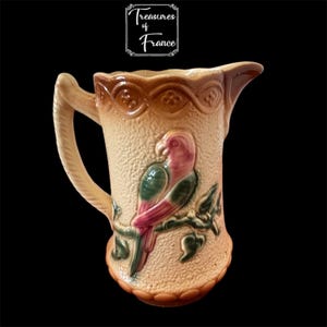 Antique French  Faience Majolica Barbotine Pichet Pitcher Jug Bird Parrot On Branch  Decor Collector Tableware Vase  Gift Circa 1930’s