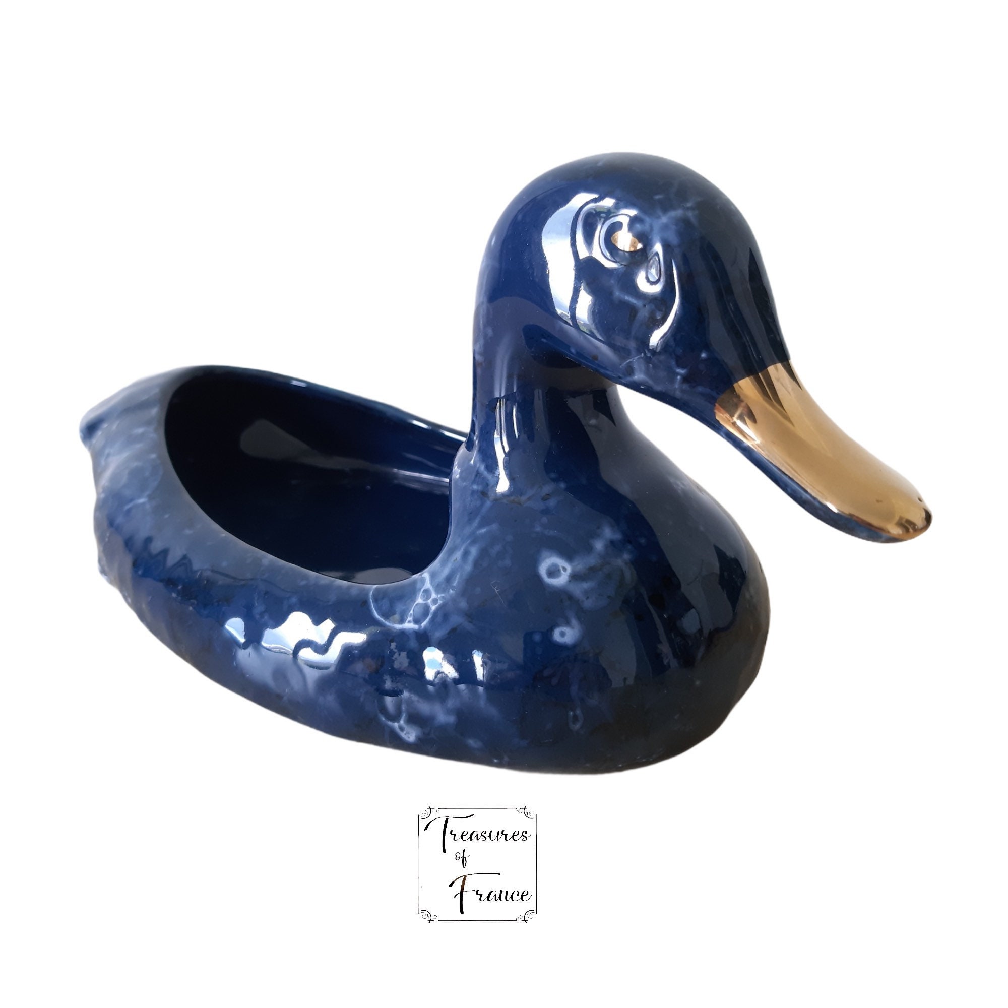 Vintage Français Poterie Blue Duck Décoration en Céramique Vitrée Affichage Porte-Plantes Bibelot Ma