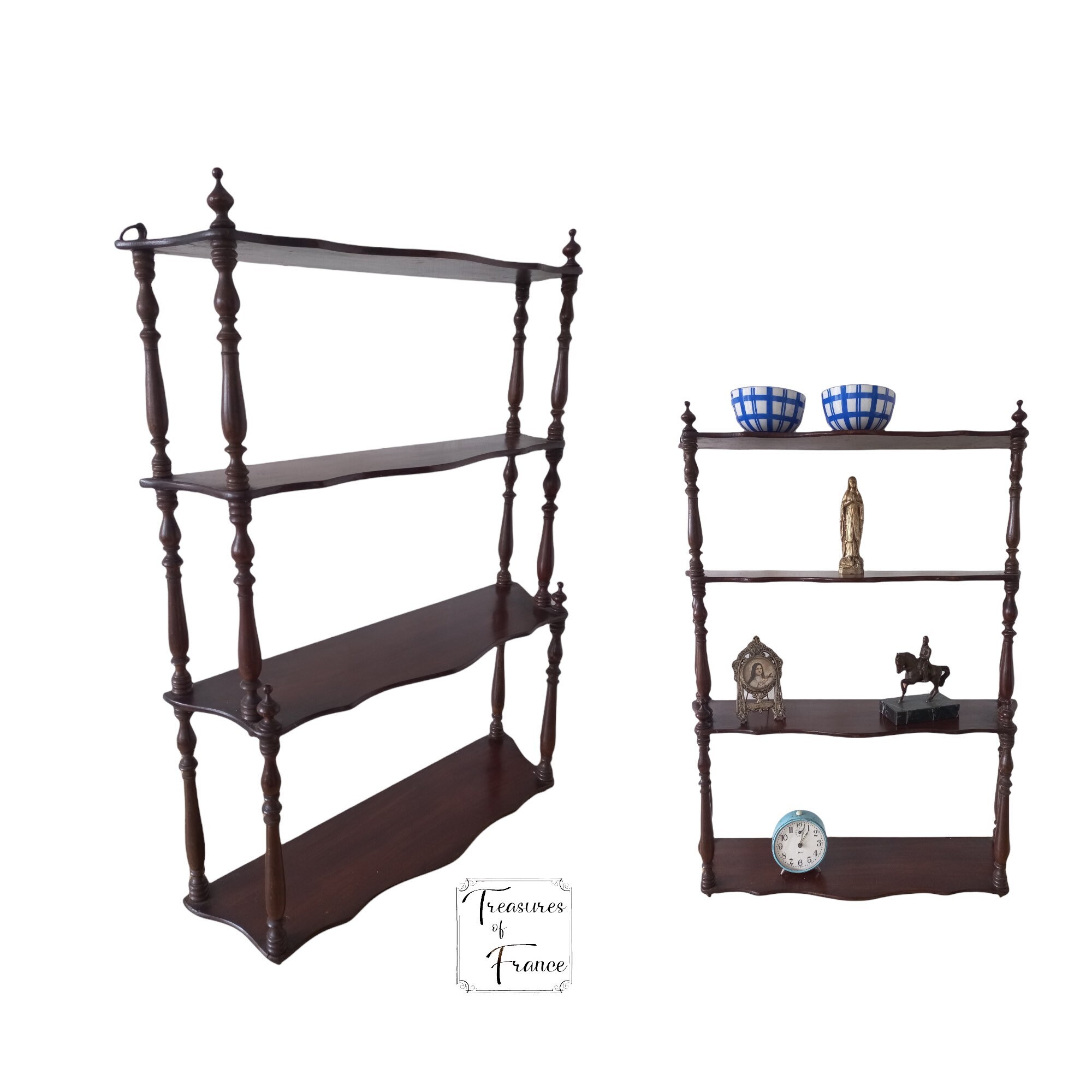 Antique Acajou en Forme de Serpentine Wallhanging 4 Tier Shelf Knick-Knack Display Ornament Small Un