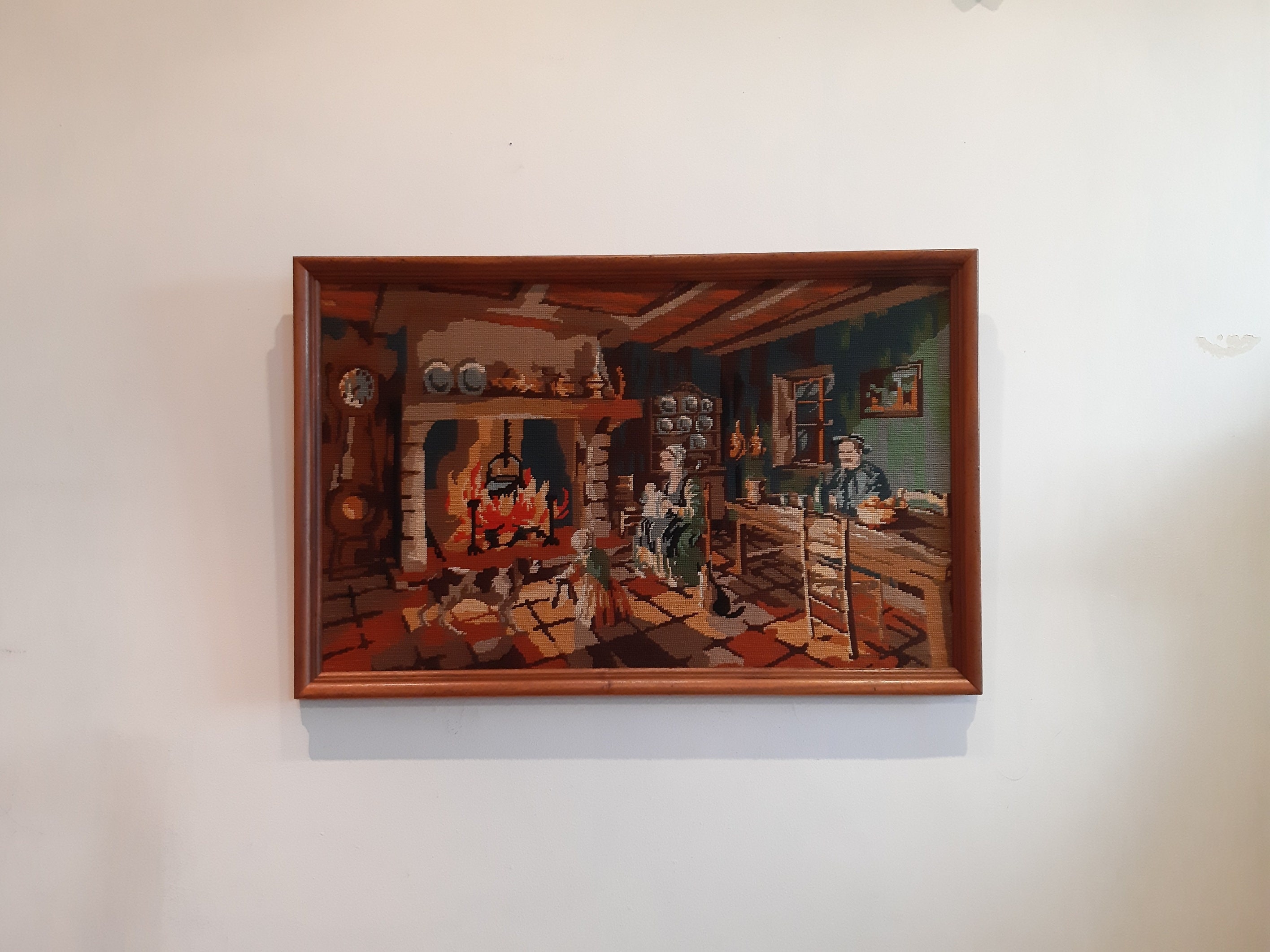 Vintage Français Canvas Tapestry Needlepoint Cross Stitch Wall Hanging Handmade Decor Farmhouse Wood